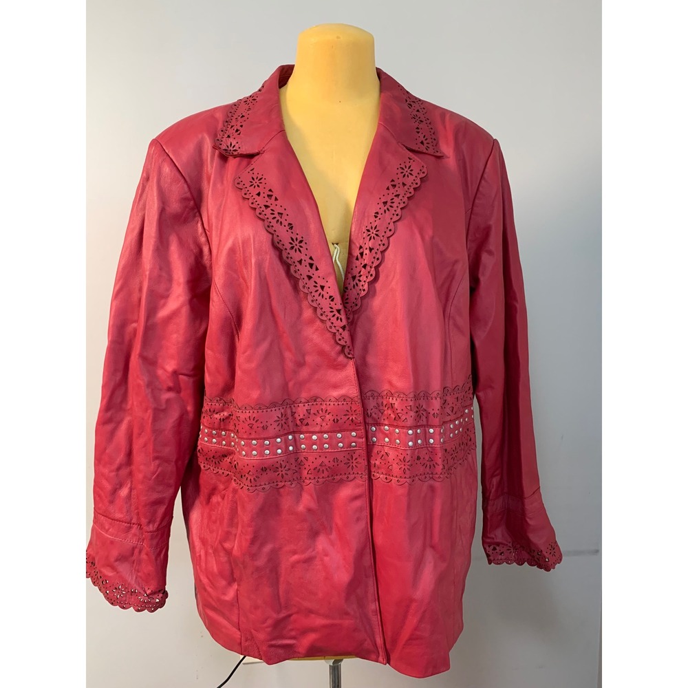 Red Leather Eyelet Studded Jacket Floral Laser Cut Scalloped Blazer Women Large